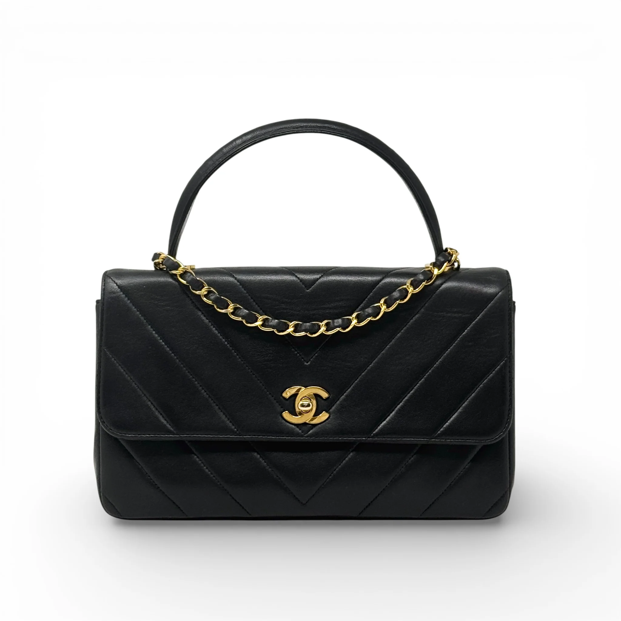 Chanel Black Chevron Vintage Top Handle Bag
