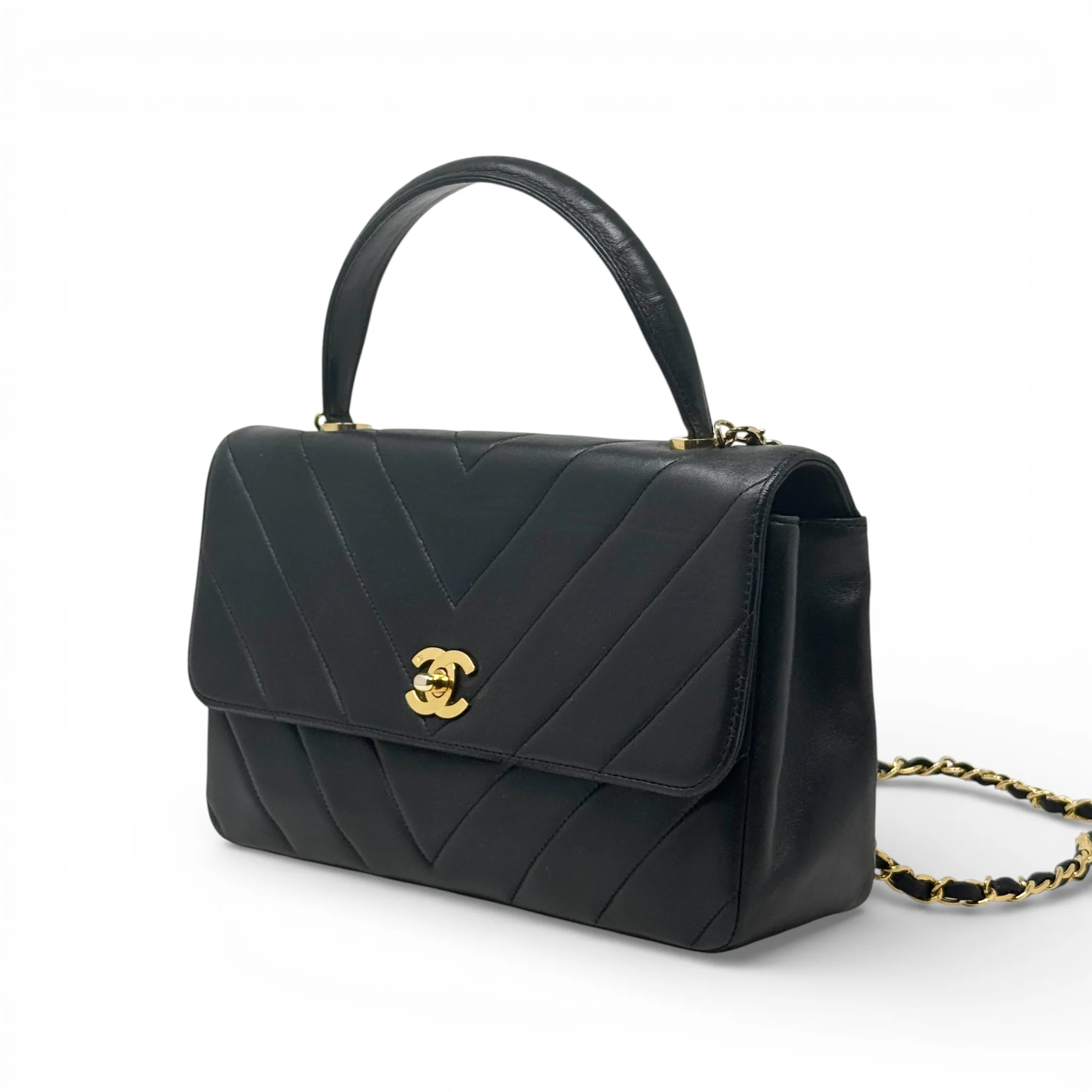 Chanel Black Chevron Vintage Top Handle Bag - Image 2