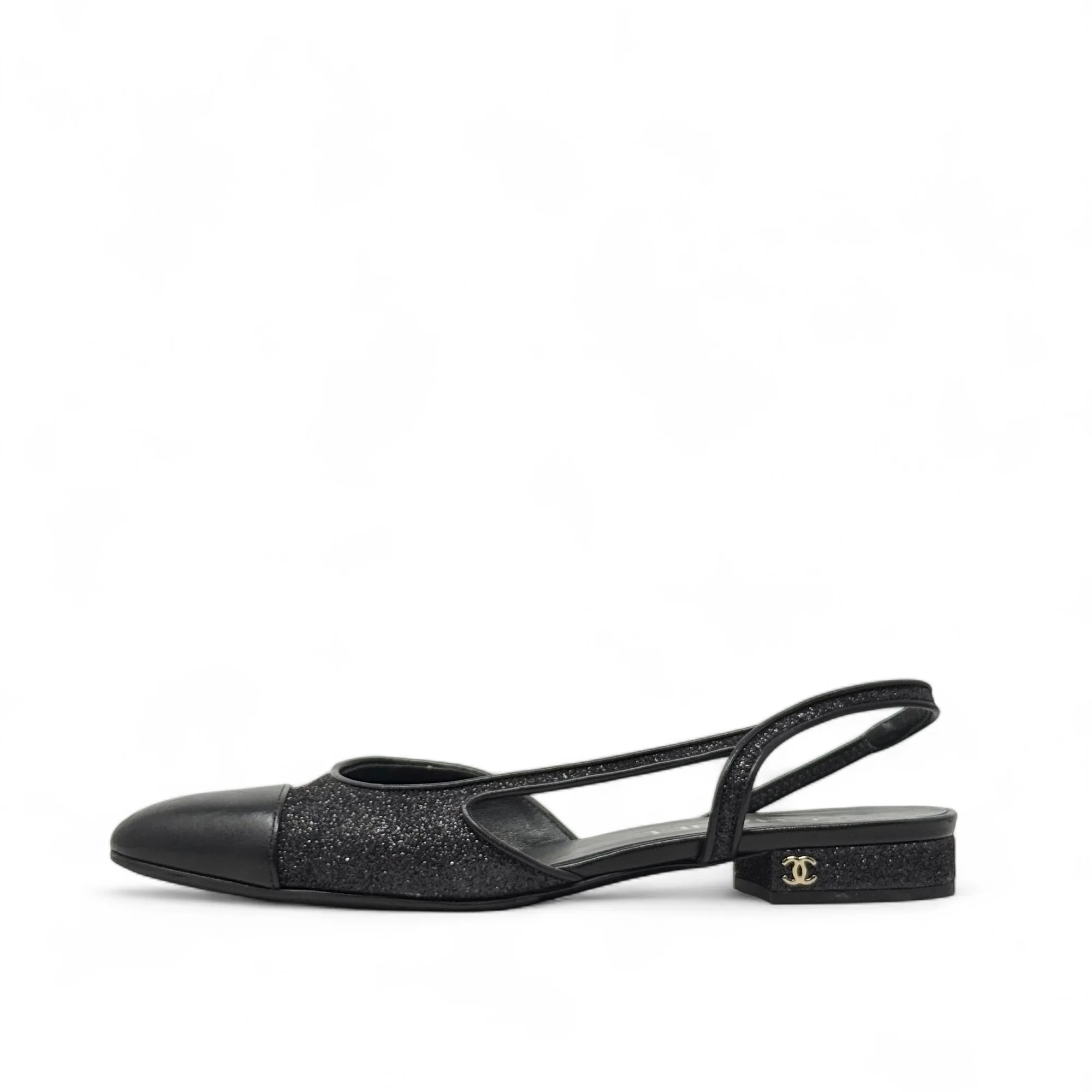 Chanel Black Glitter Slingback Flats 37.5