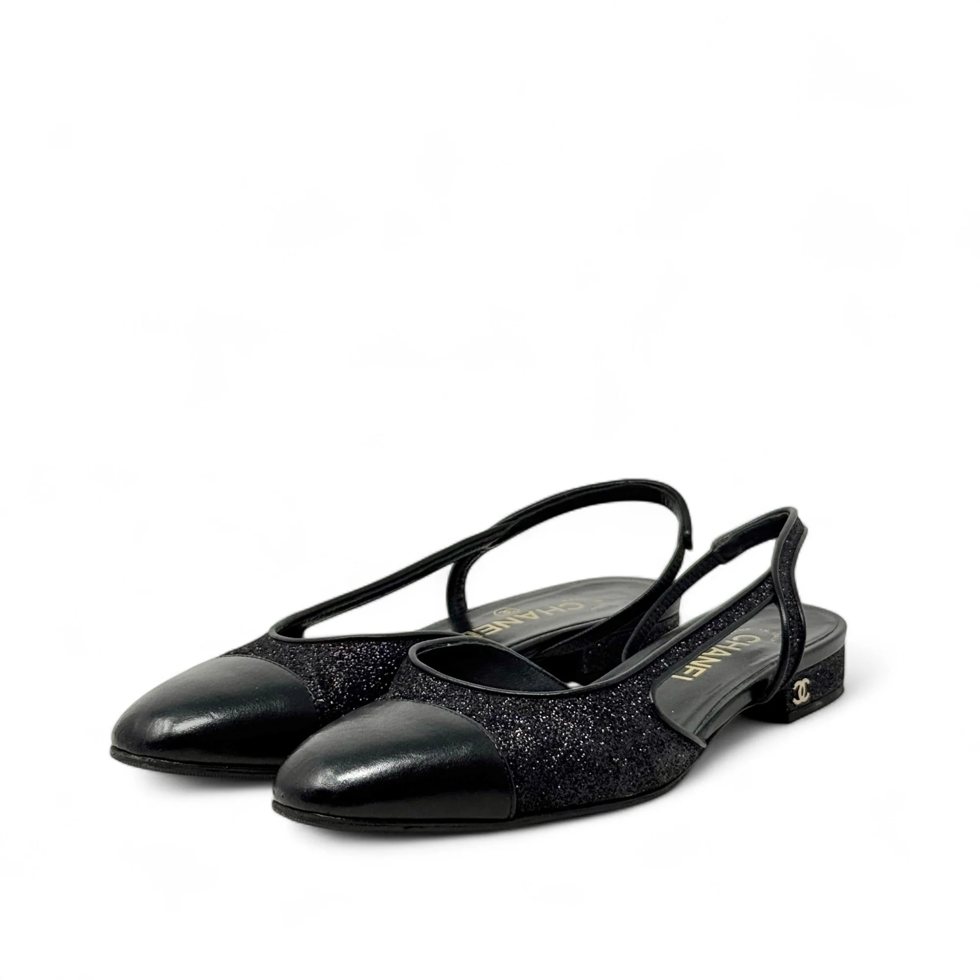 Chanel Black Glitter Slingback Flats 37.5 - Image 2