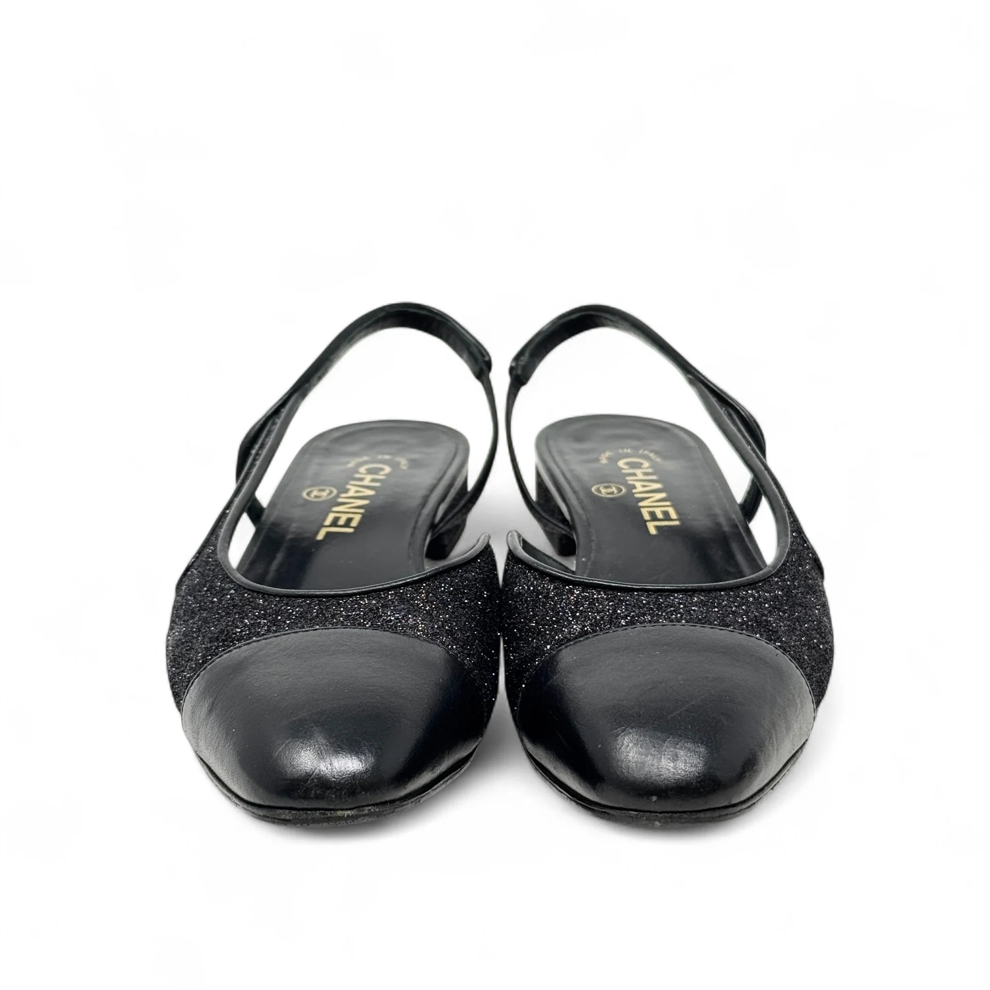 Chanel Black Glitter Slingback Flats 37.5 - Image 3