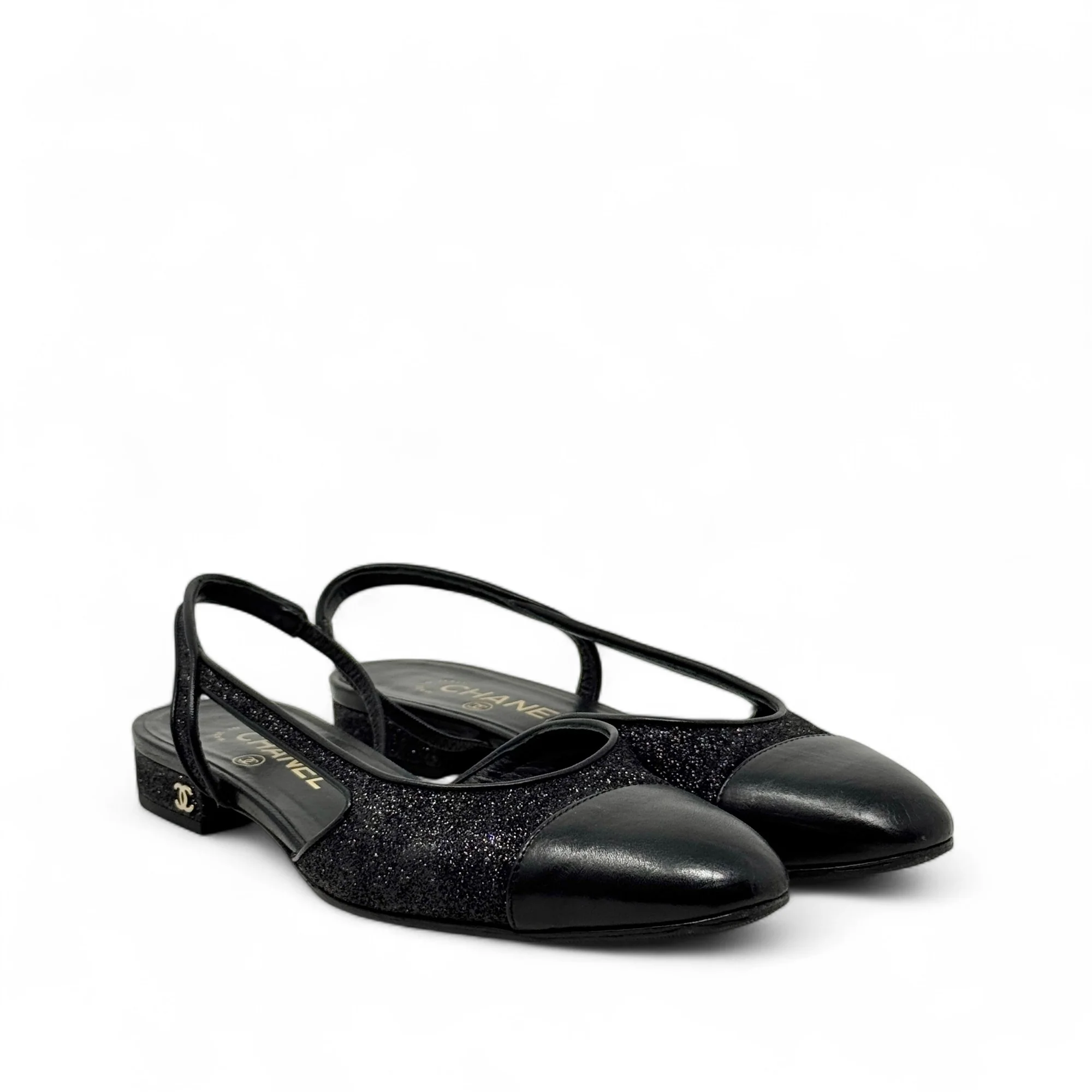 Chanel Black Glitter Slingback Flats 37.5 - Image 4