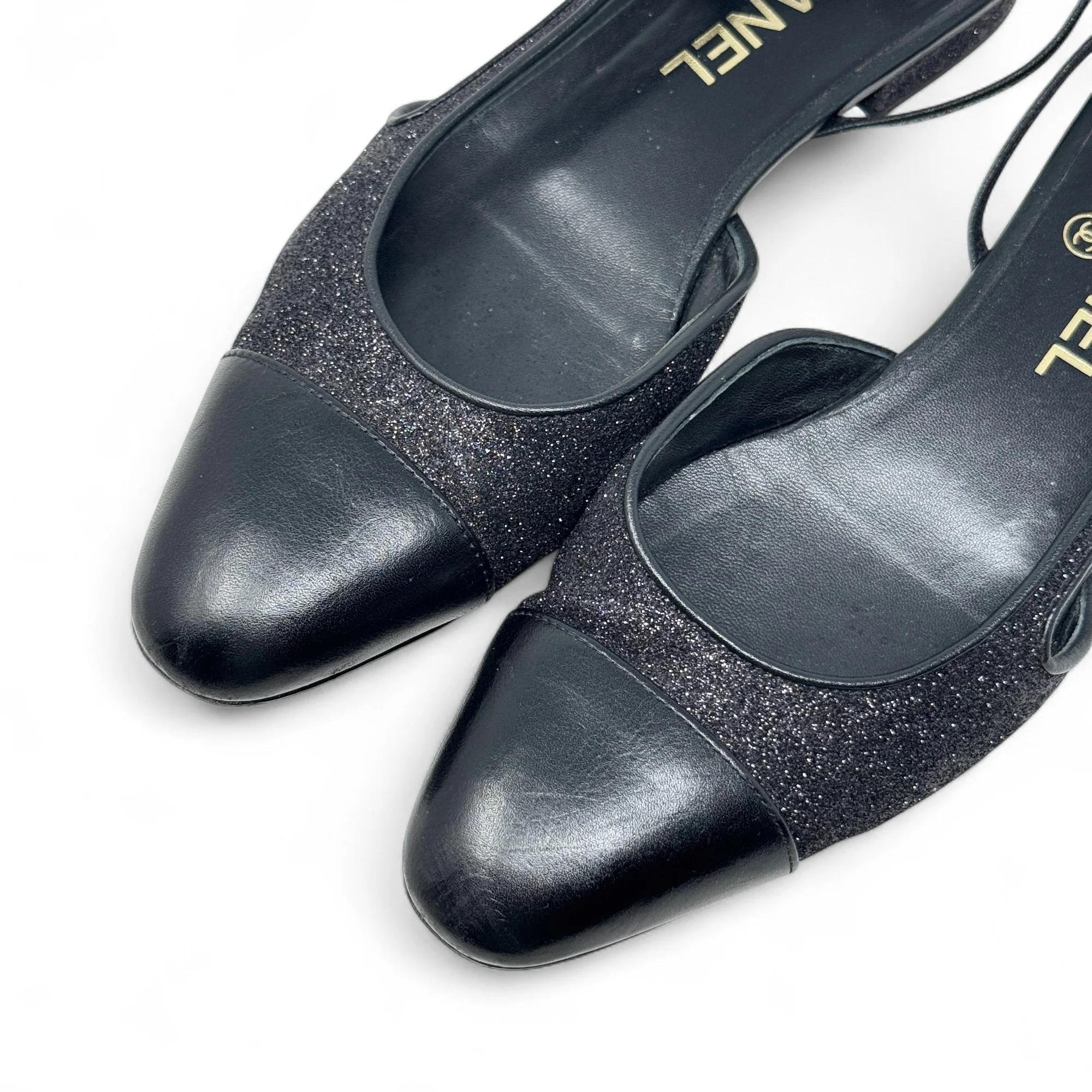 Chanel Black Glitter Slingback Flats 37.5 - Image 8