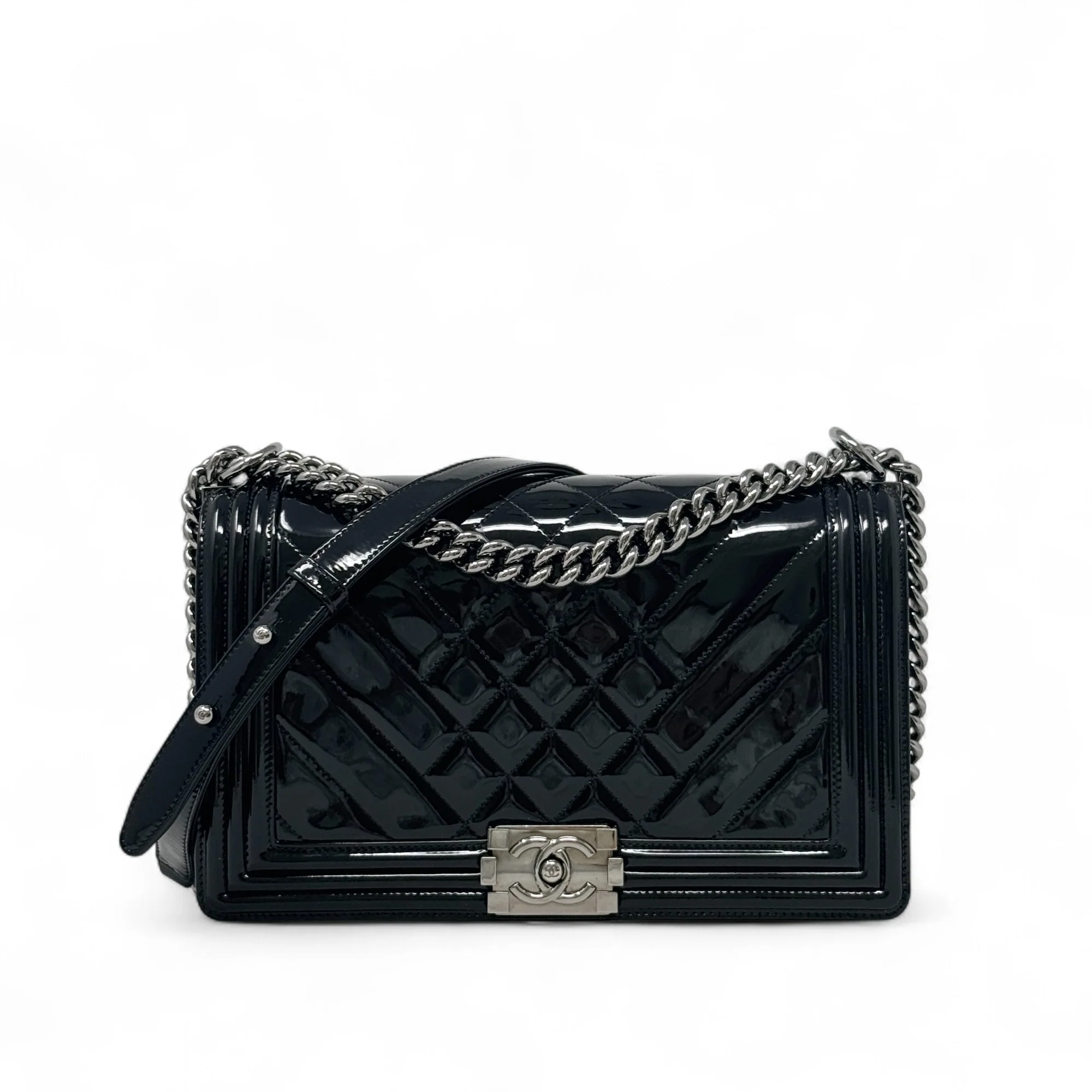 Chanel Black Patent Medium Boy Bag