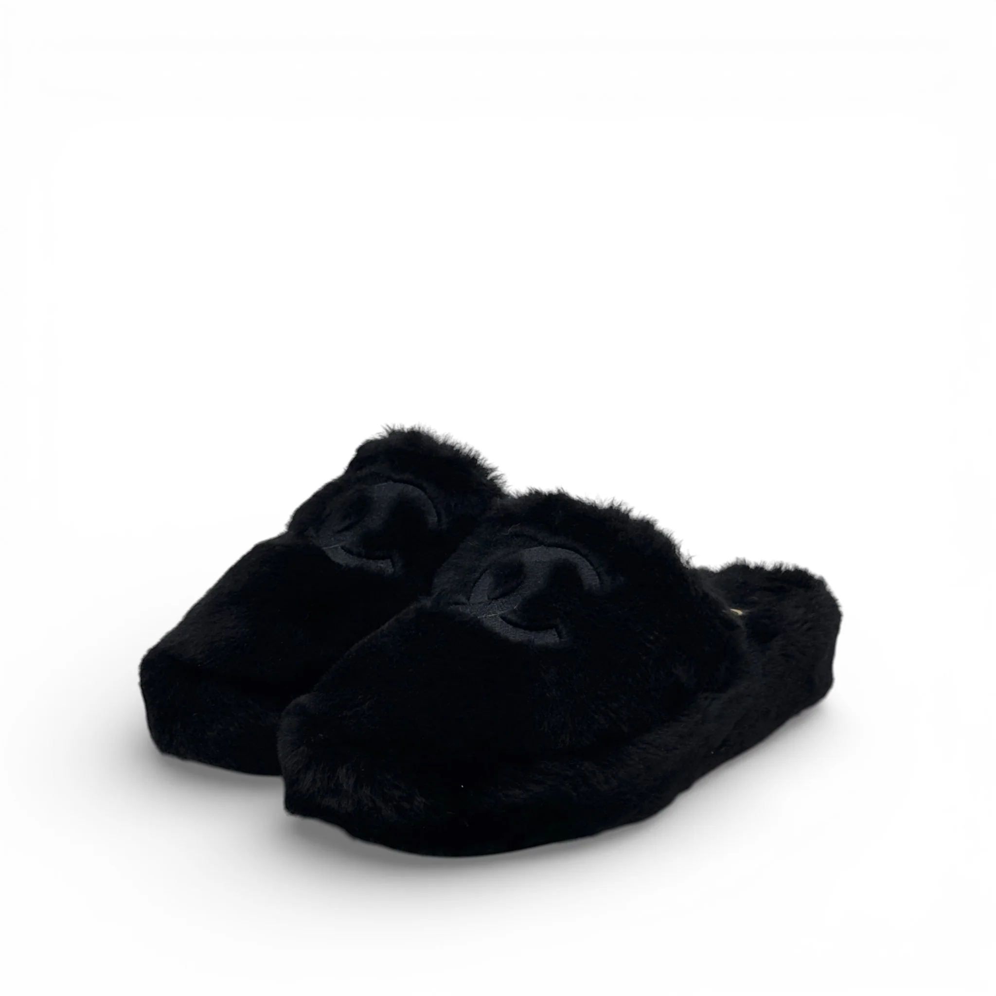 Chanel Black Shearling Flat Mules 37 With Pouch - Image 2