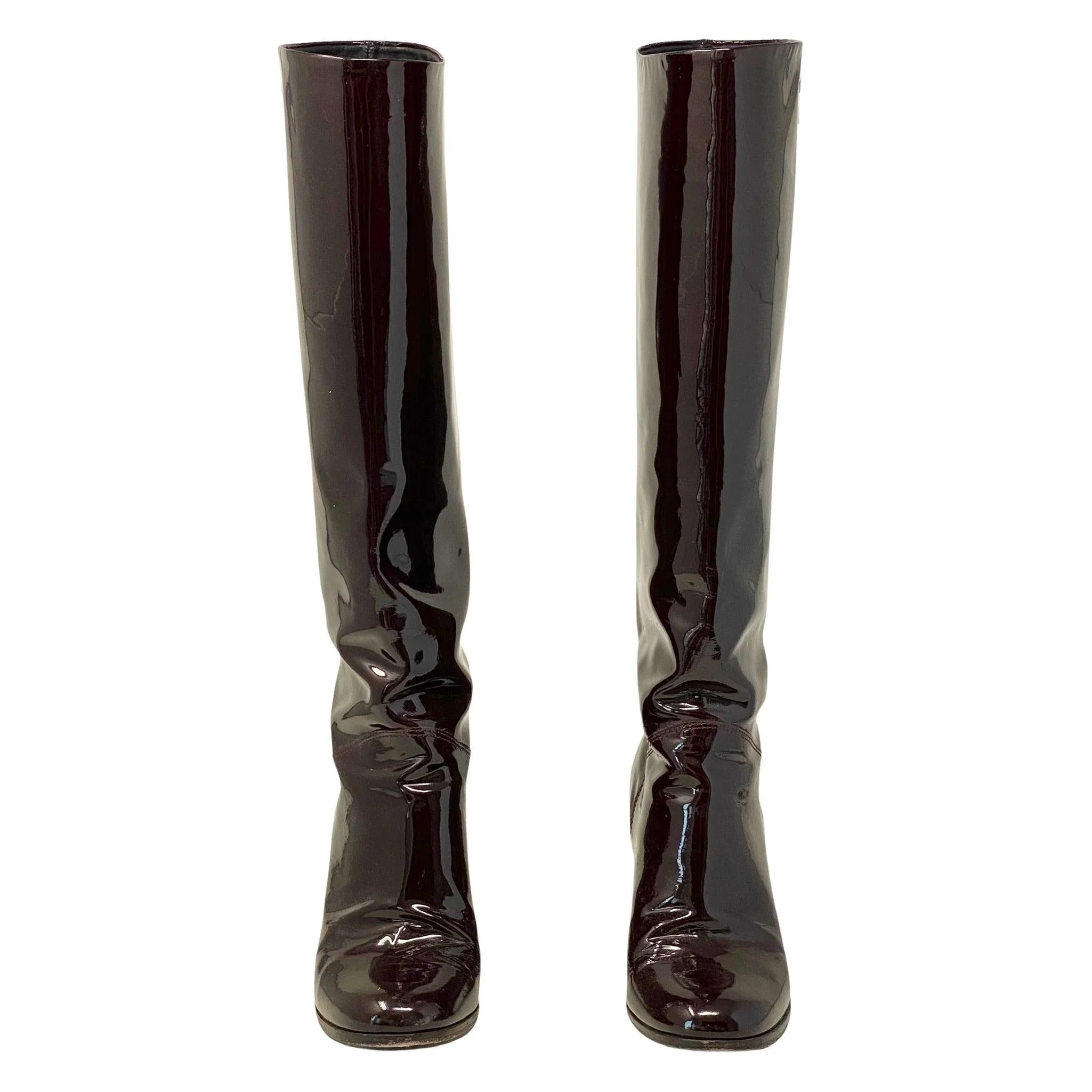 Chanel Burgundy Patent Knee High Boots 37 - Image 3