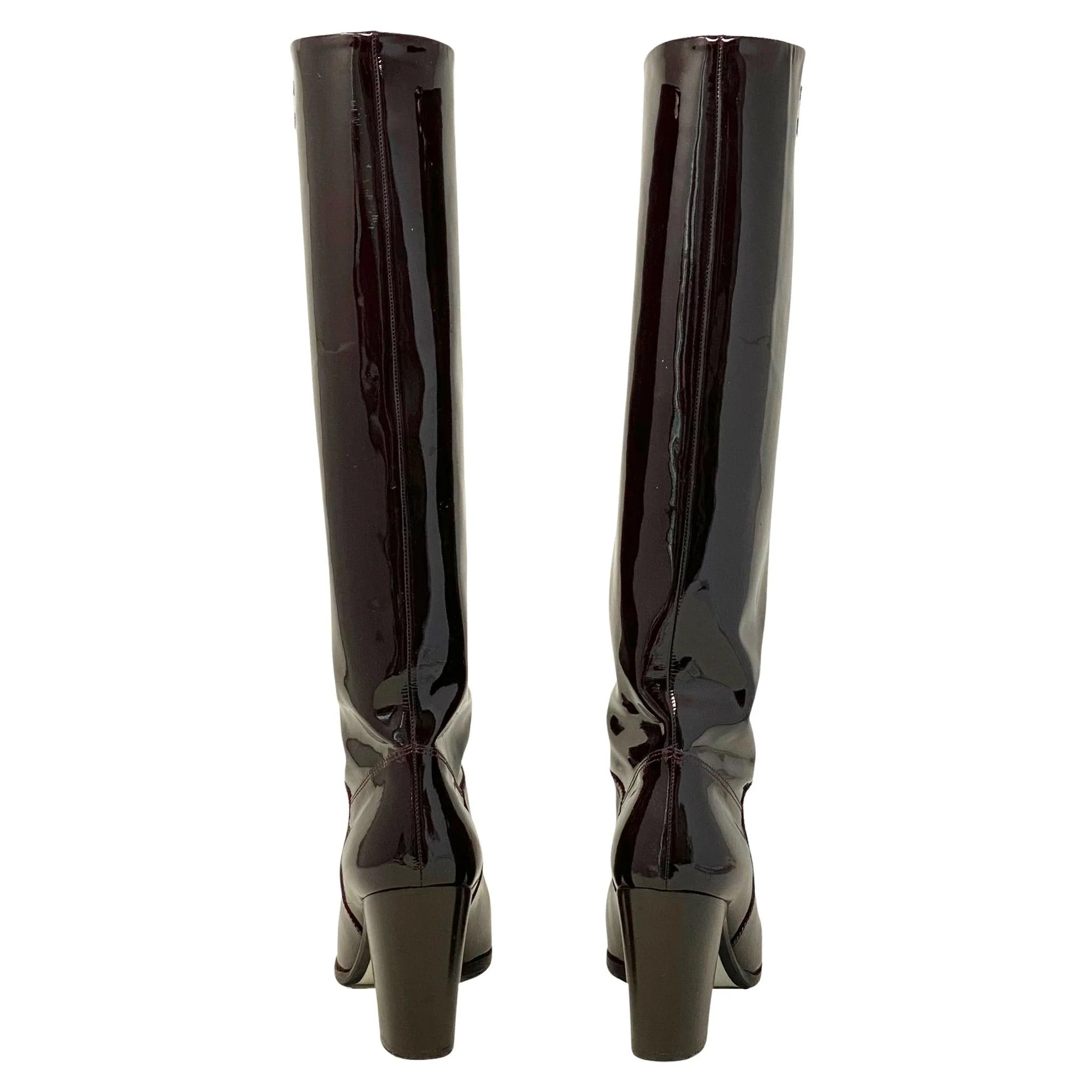Chanel Burgundy Patent Knee High Boots 37 - Image 4