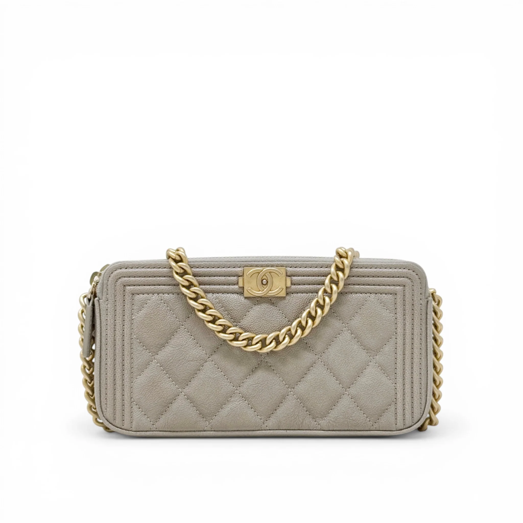 Chanel Grey Double Zip Boy Clutch On Chain