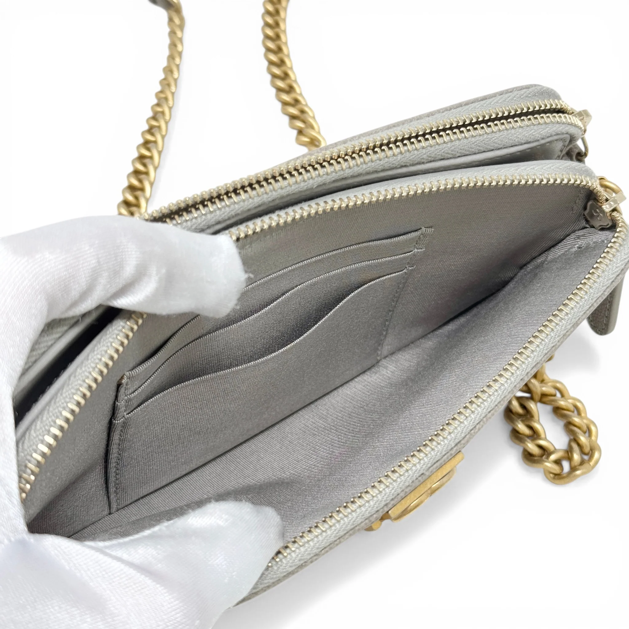 Chanel Grey Double Zip Boy Clutch On Chain - Image 11