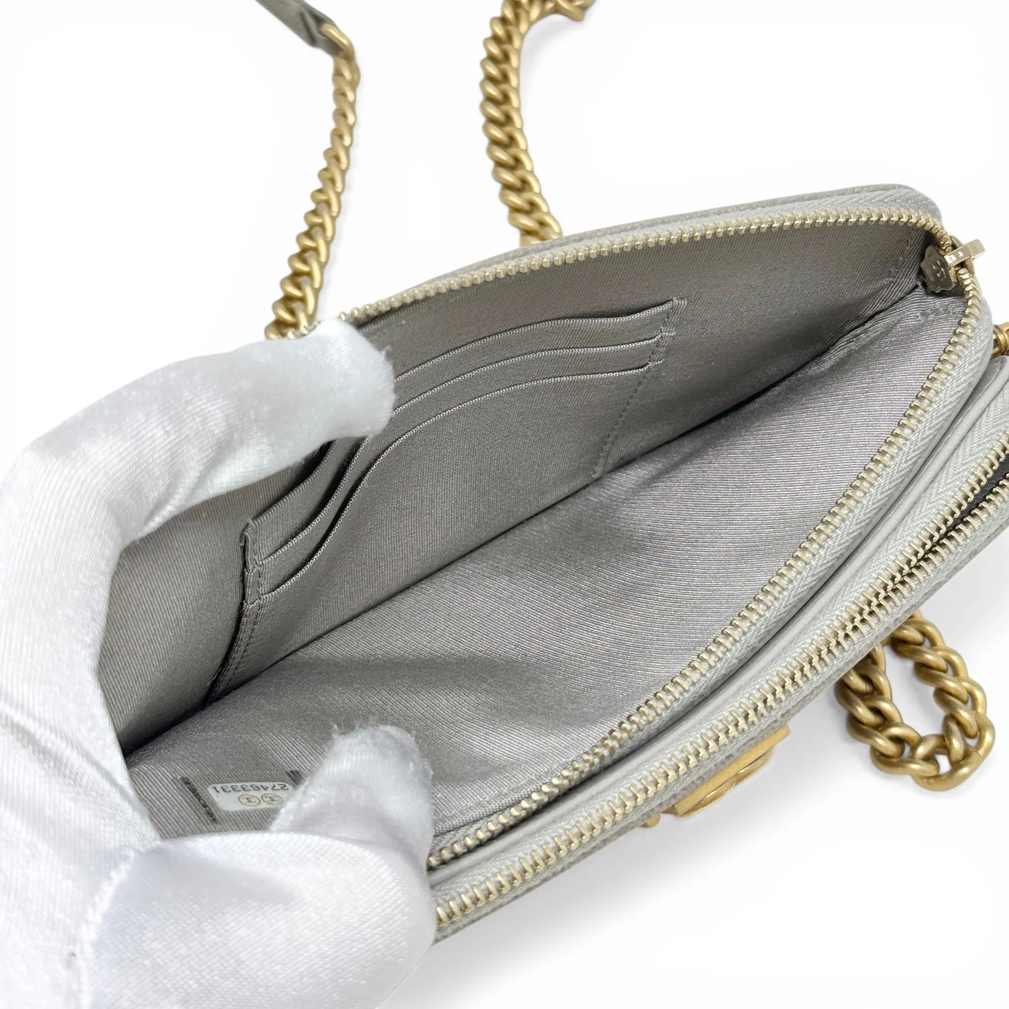 Chanel Grey Double Zip Boy Clutch On Chain - Image 12
