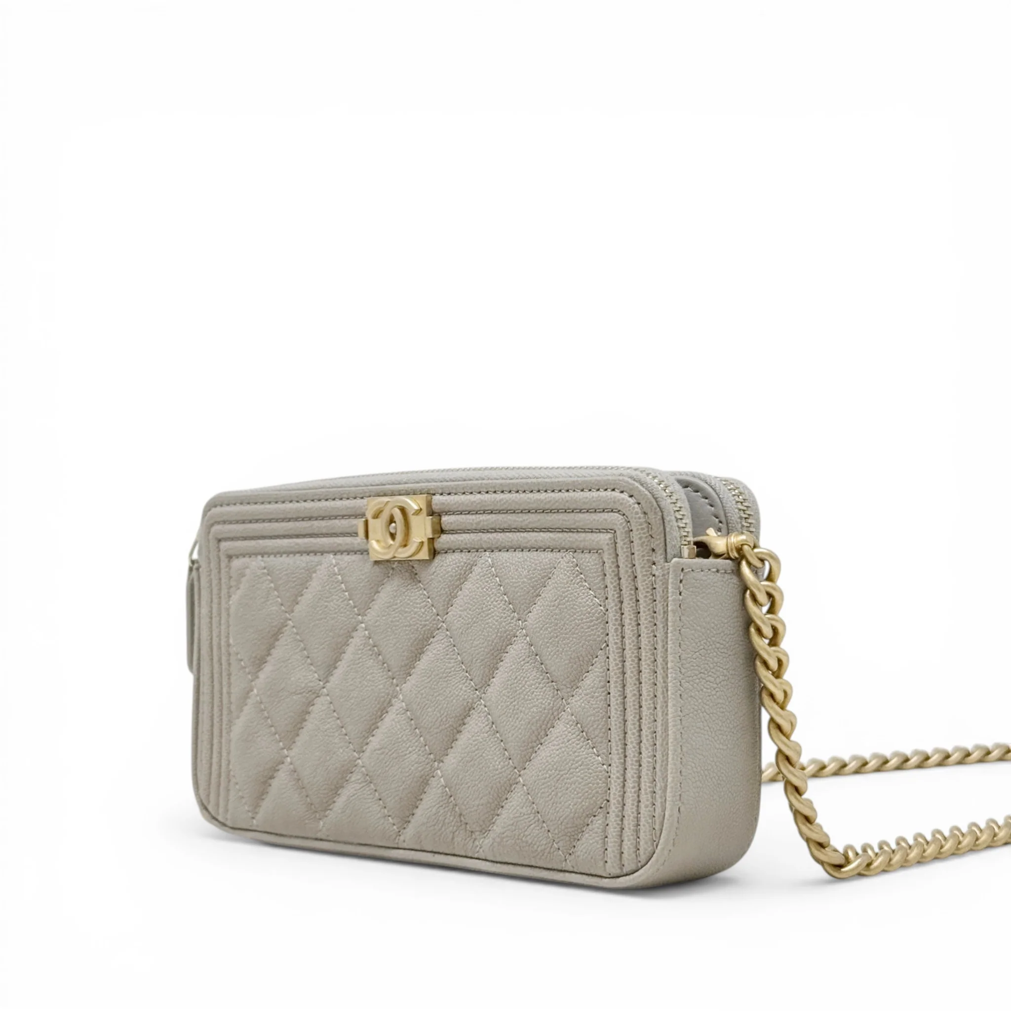 Chanel Grey Double Zip Boy Clutch On Chain - Image 2