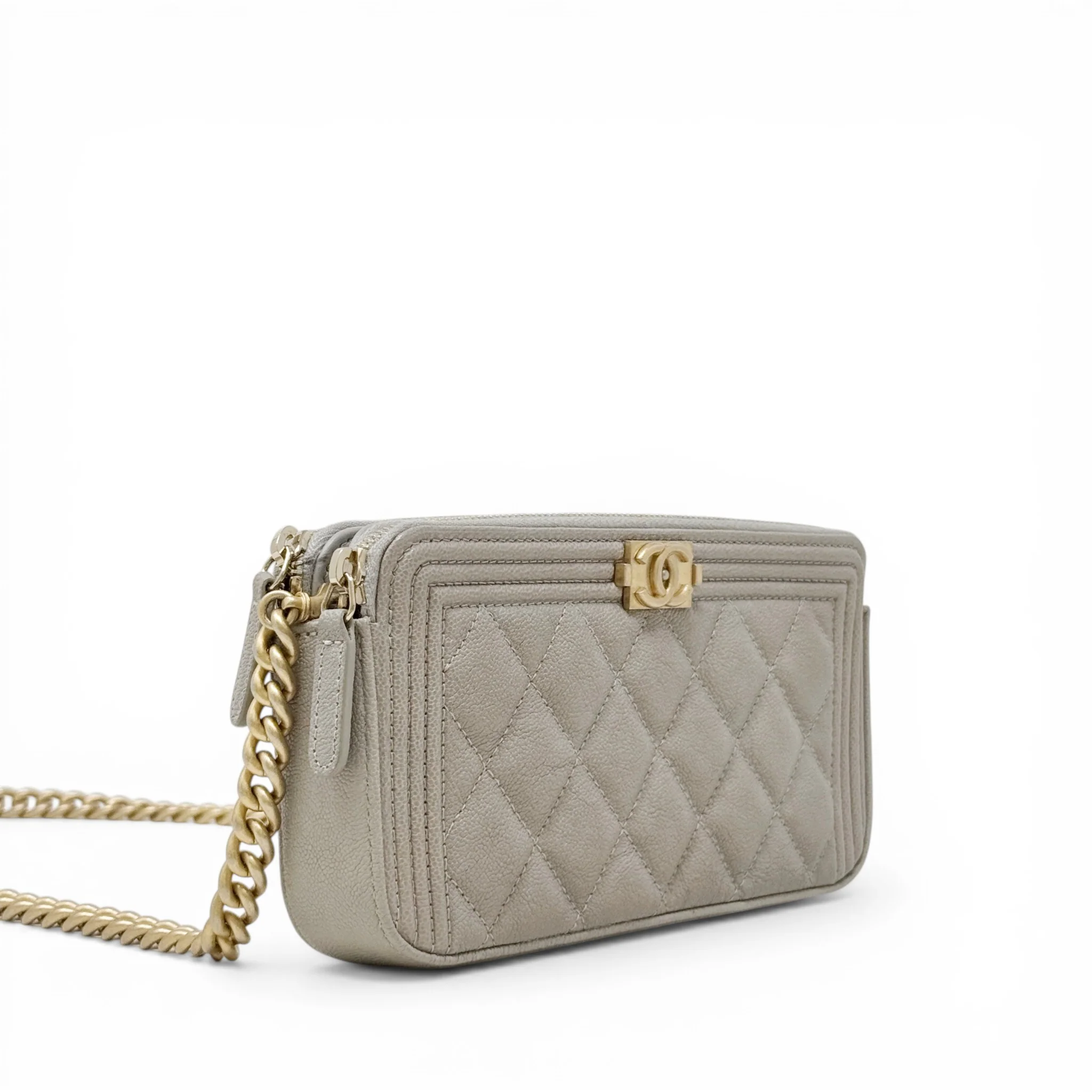 Chanel Grey Double Zip Boy Clutch On Chain - Image 4