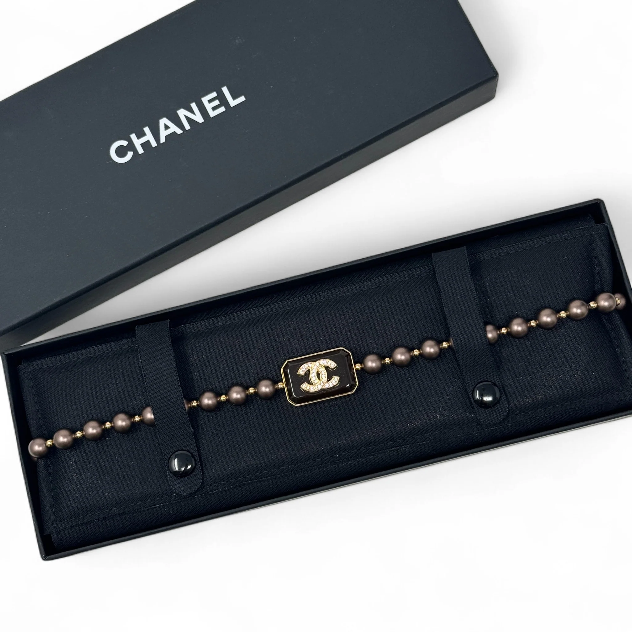 Chanel Brown Pearl Crystal CC Choker