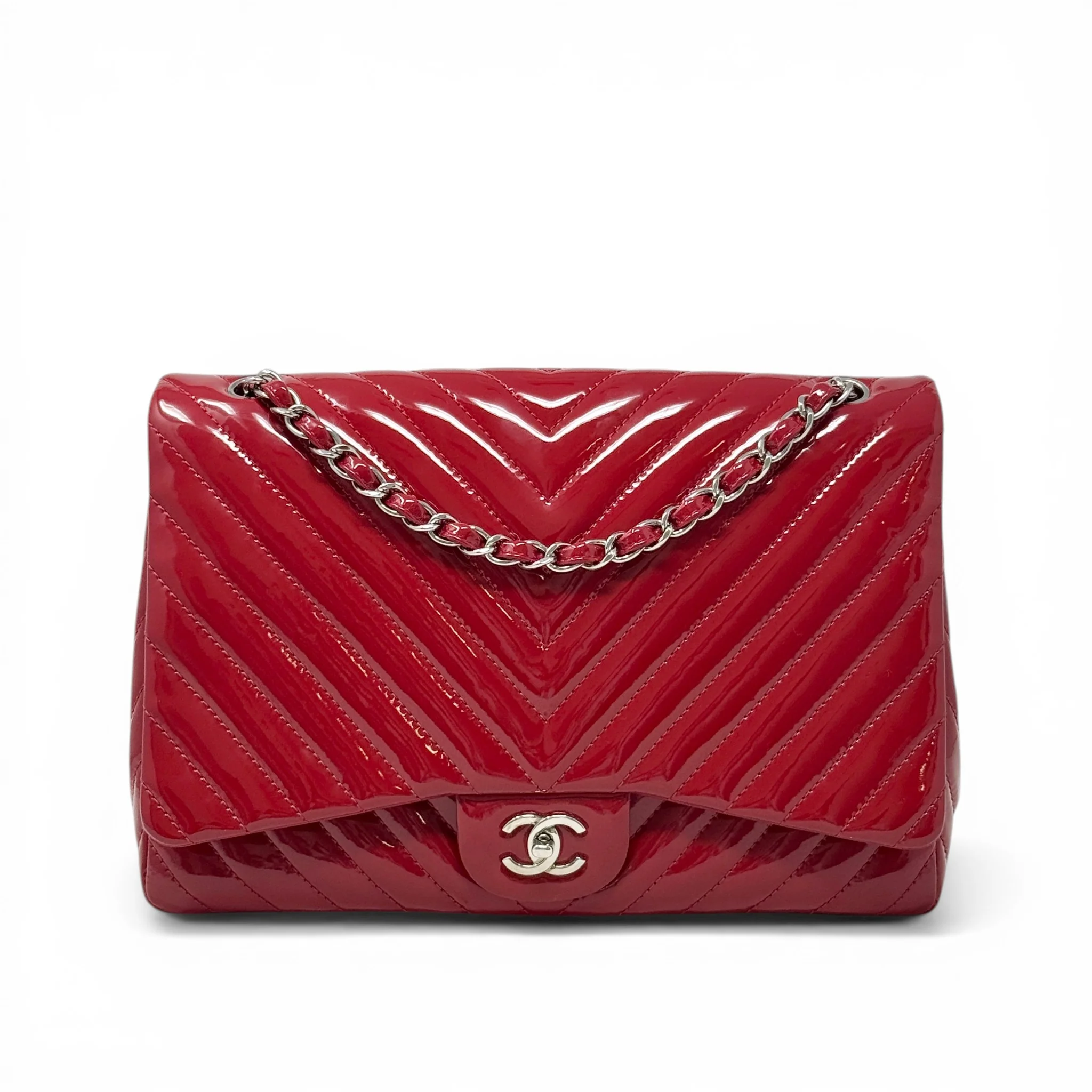Chanel Red Patent Chevron Maxi Flap