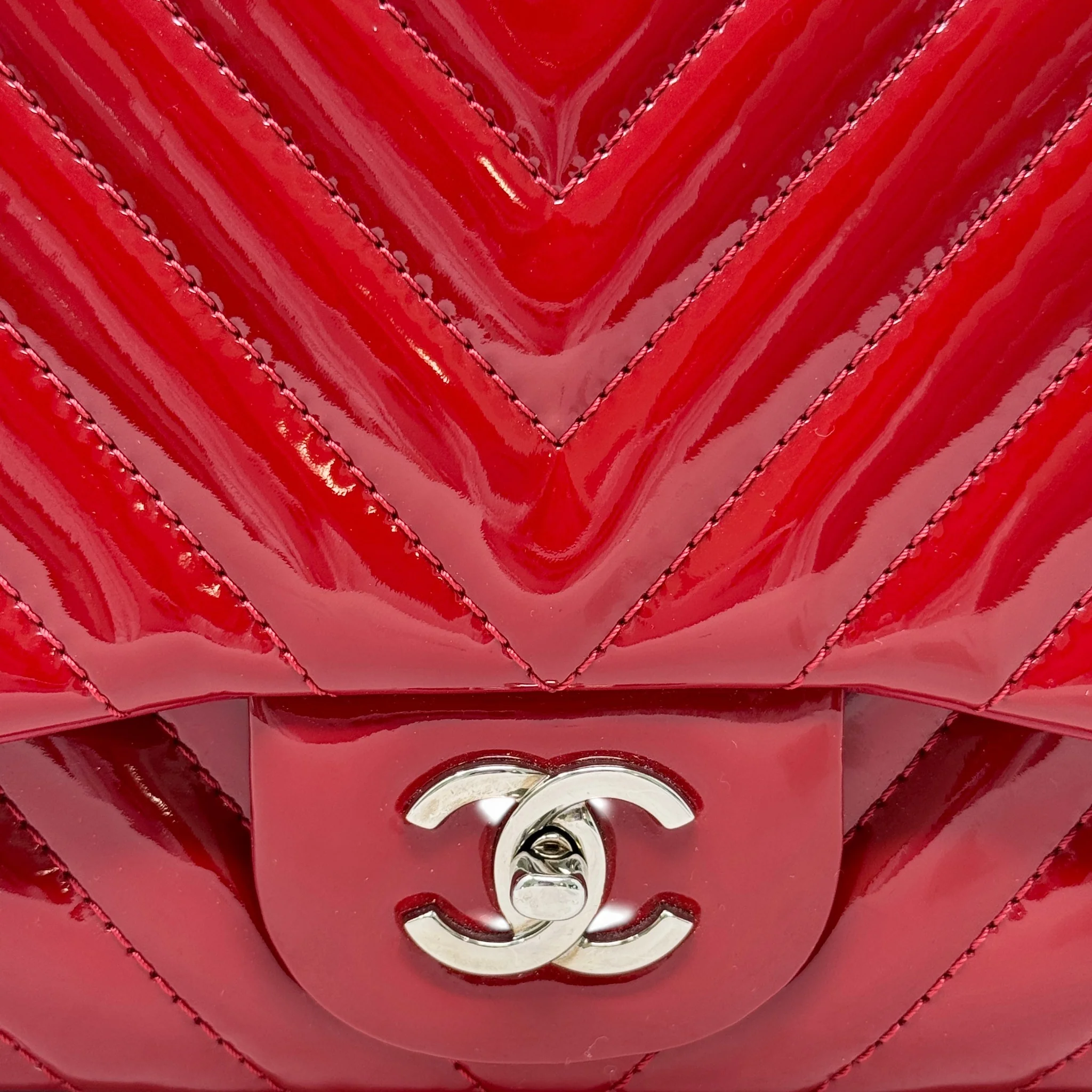 Chanel Red Patent Chevron Maxi Flap - Image 10