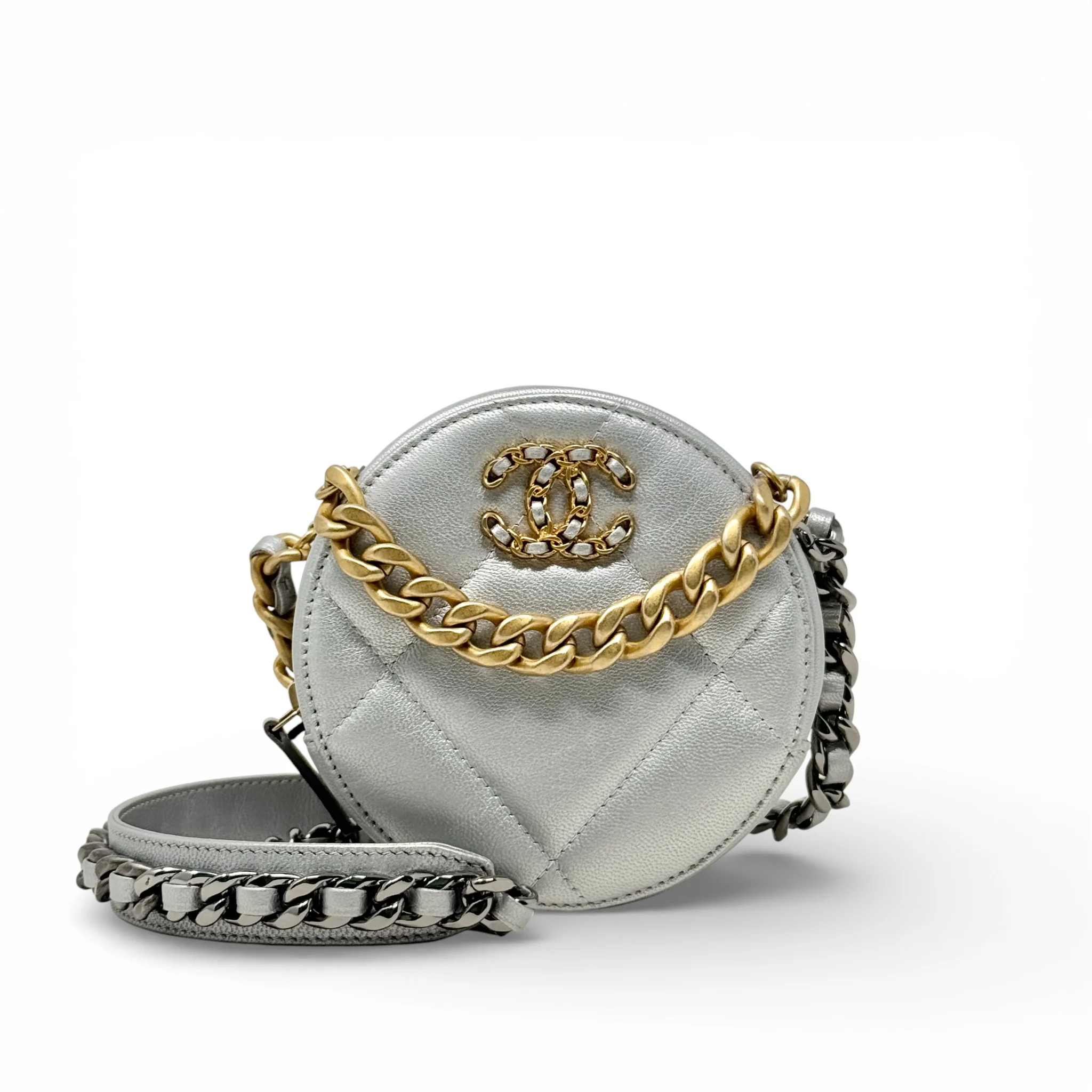 Chanel Silver 19 Round Clutch With Chain