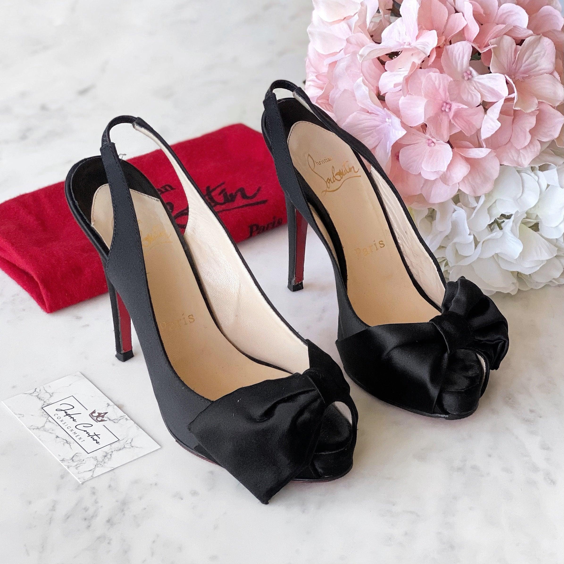 Christian Louboutin Black Satin Sling Back Pumps 37 - Image 5