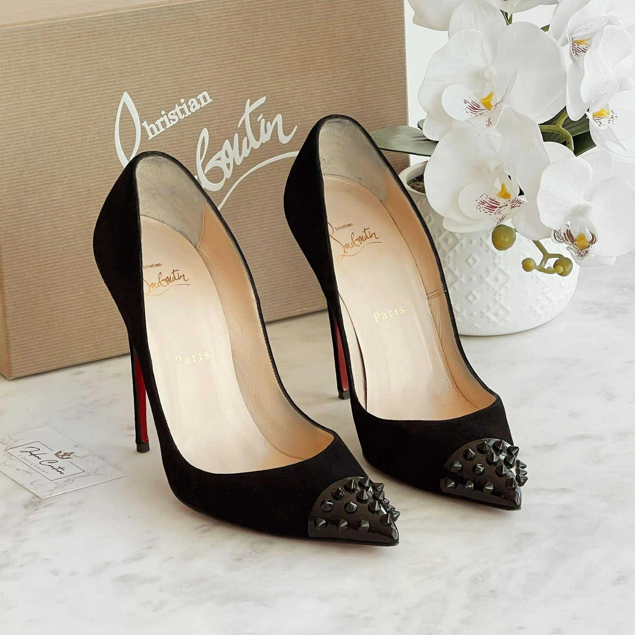 Christian Louboutin Black Suede GEO Spike Pumps 38 - Image 8