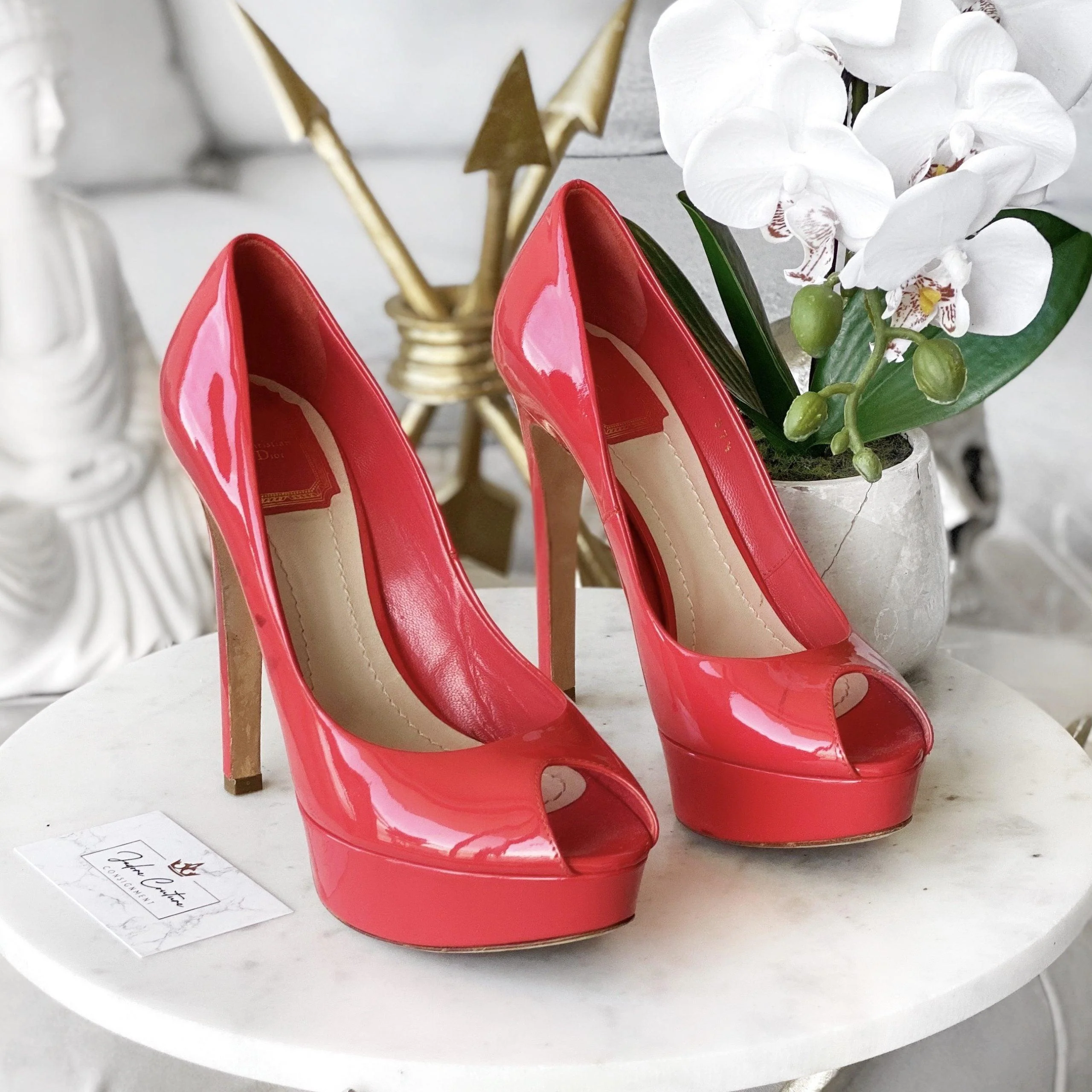 Dior Coral Patent Miss Dior Peep Toe Pumps 37.5 - Image 5