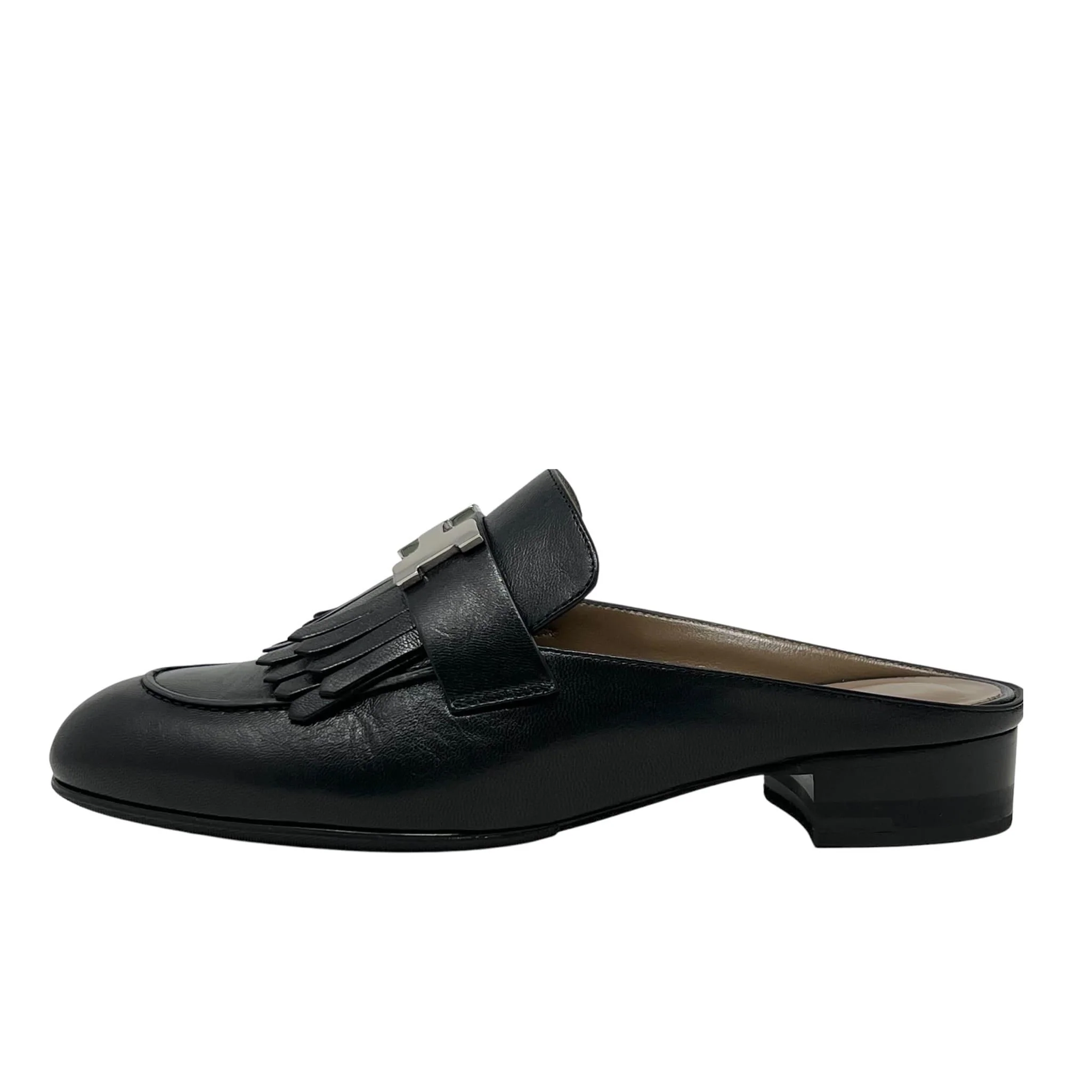 Hermes Noir Goatskin Rivoli Mules 36