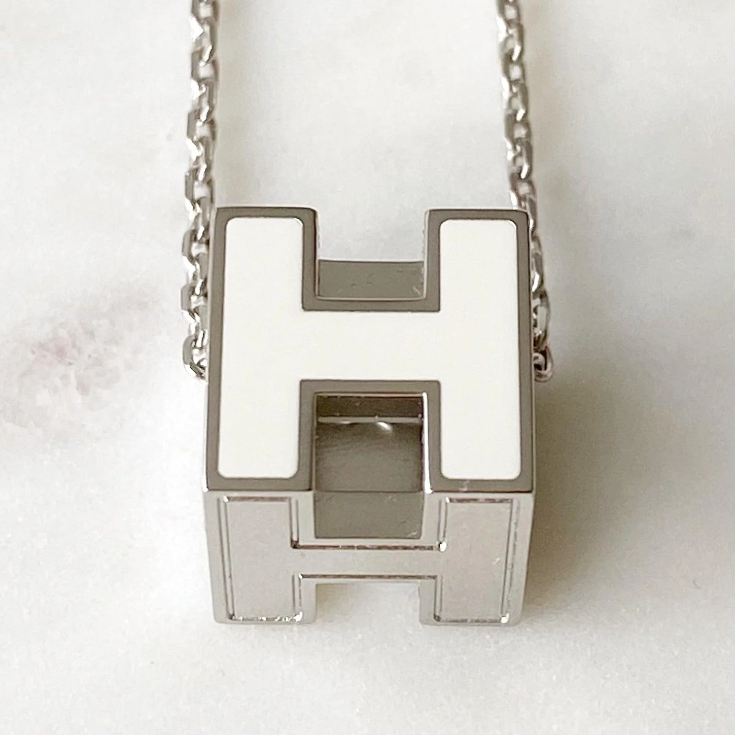 Hermes White Enamel H Cube Necklace - Image 3
