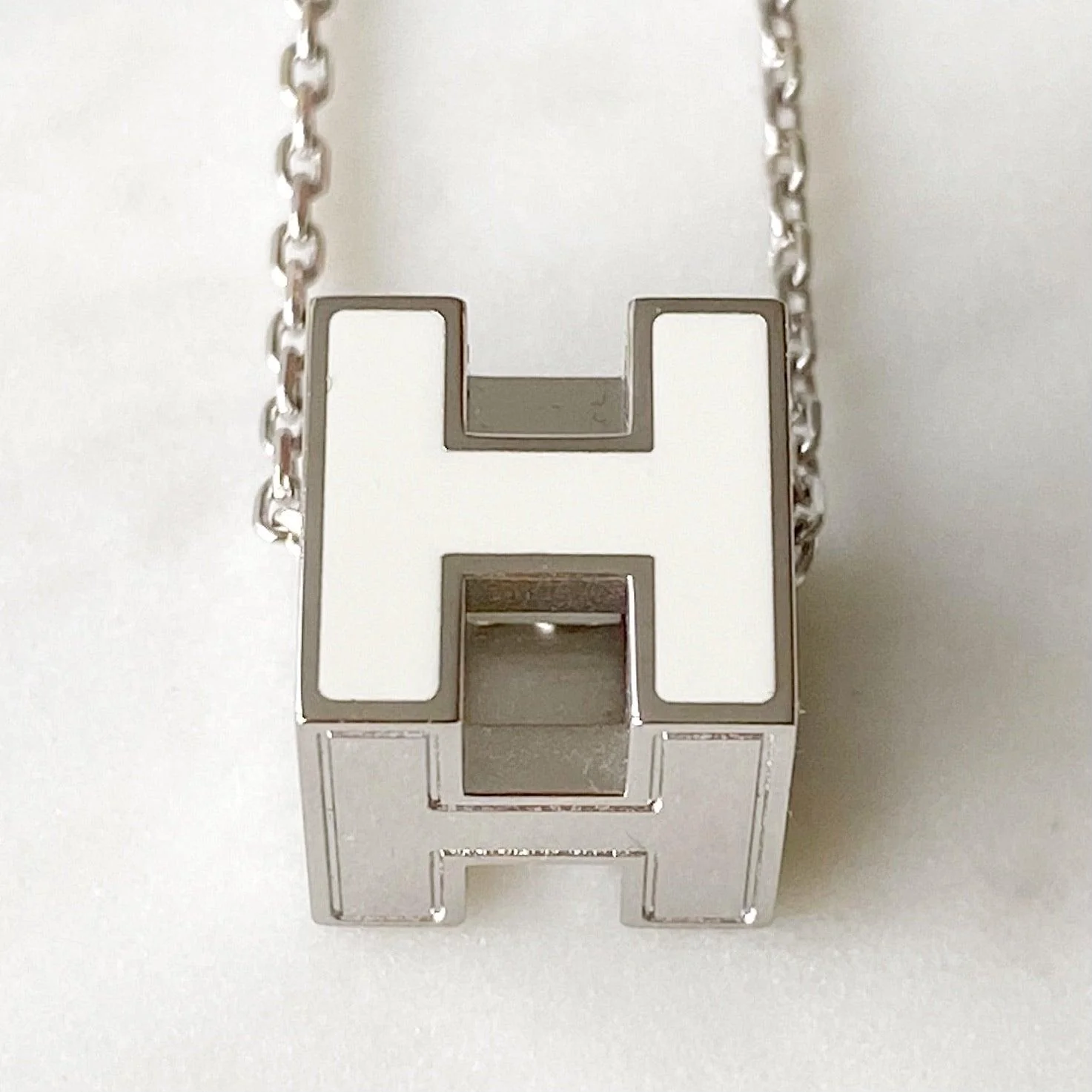 Hermes White Enamel H Cube Necklace - Image 4