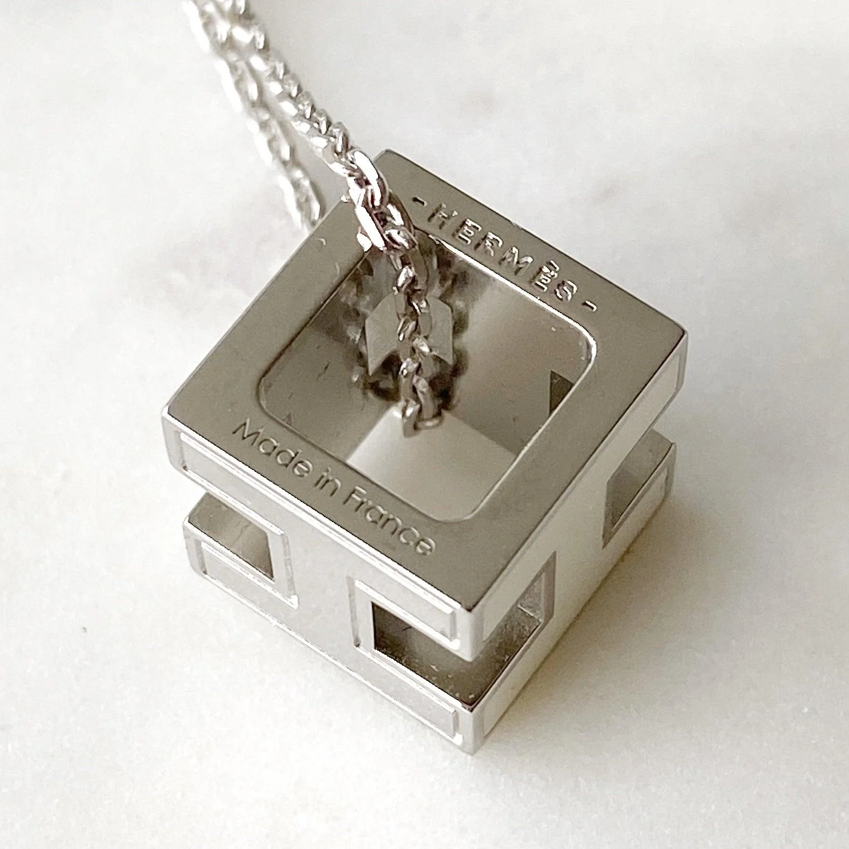 Hermes White Enamel H Cube Necklace - Image 5