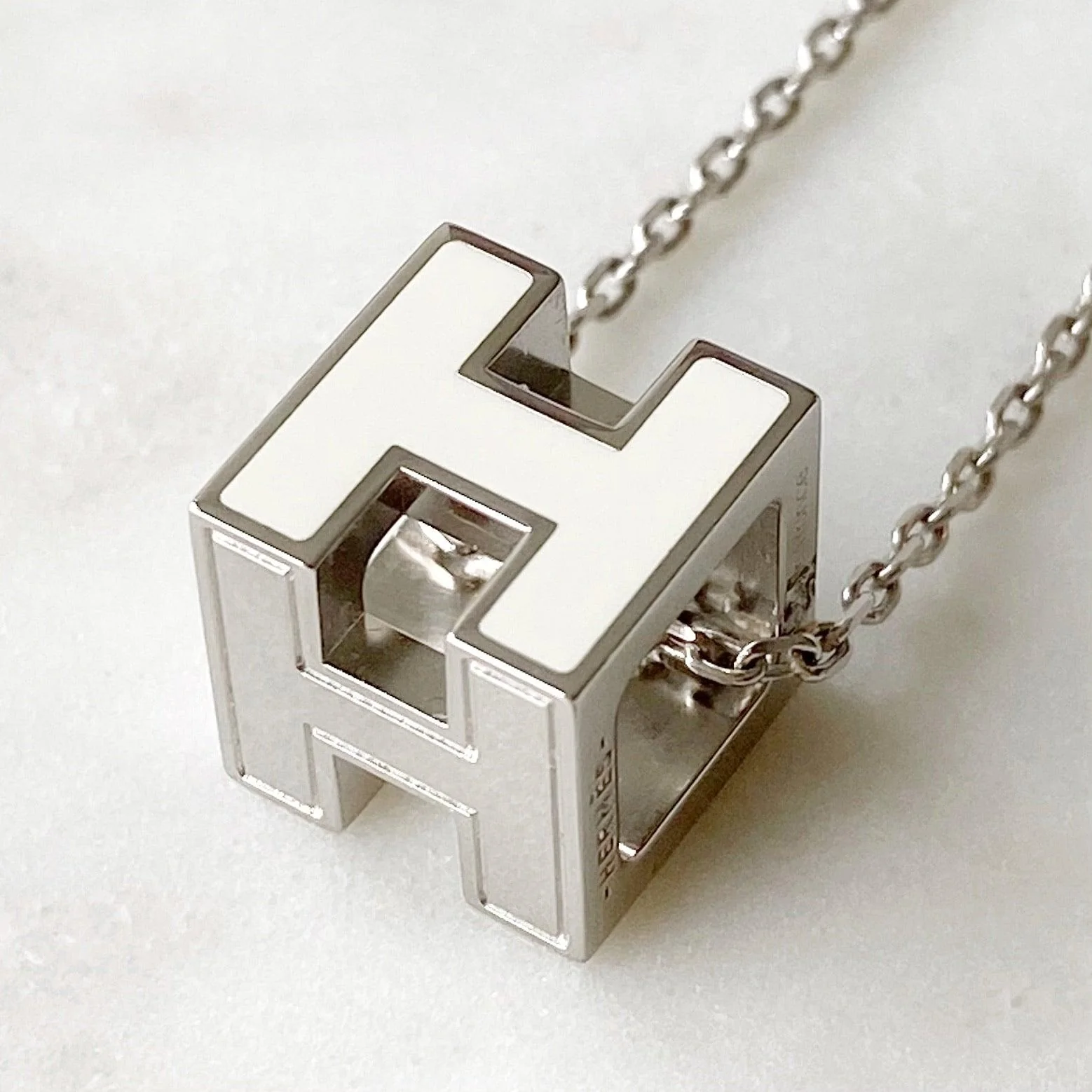 Hermes White Enamel H Cube Necklace - Image 6