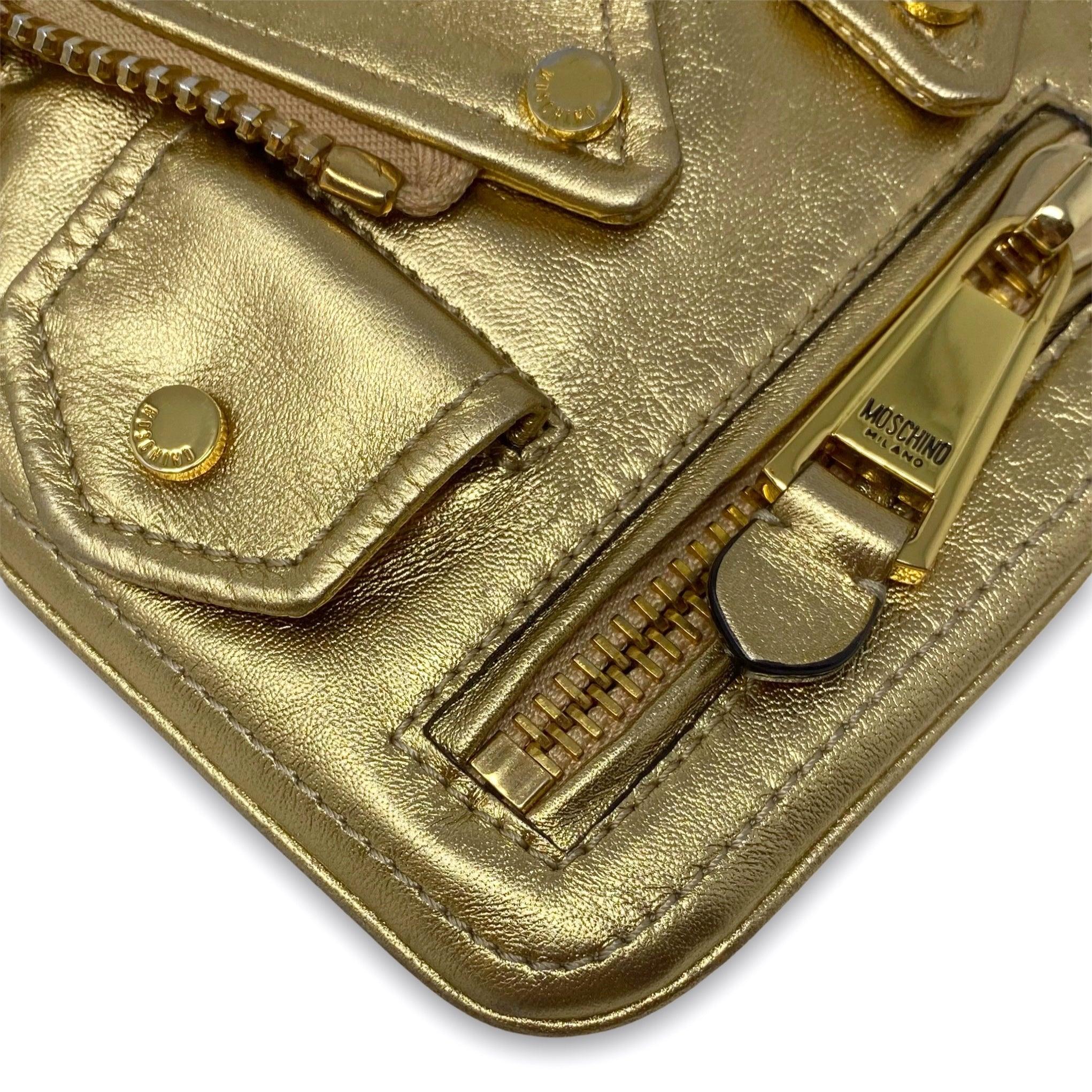 Moschino Metallic Gold Biker Jacket Clutch - Image 8