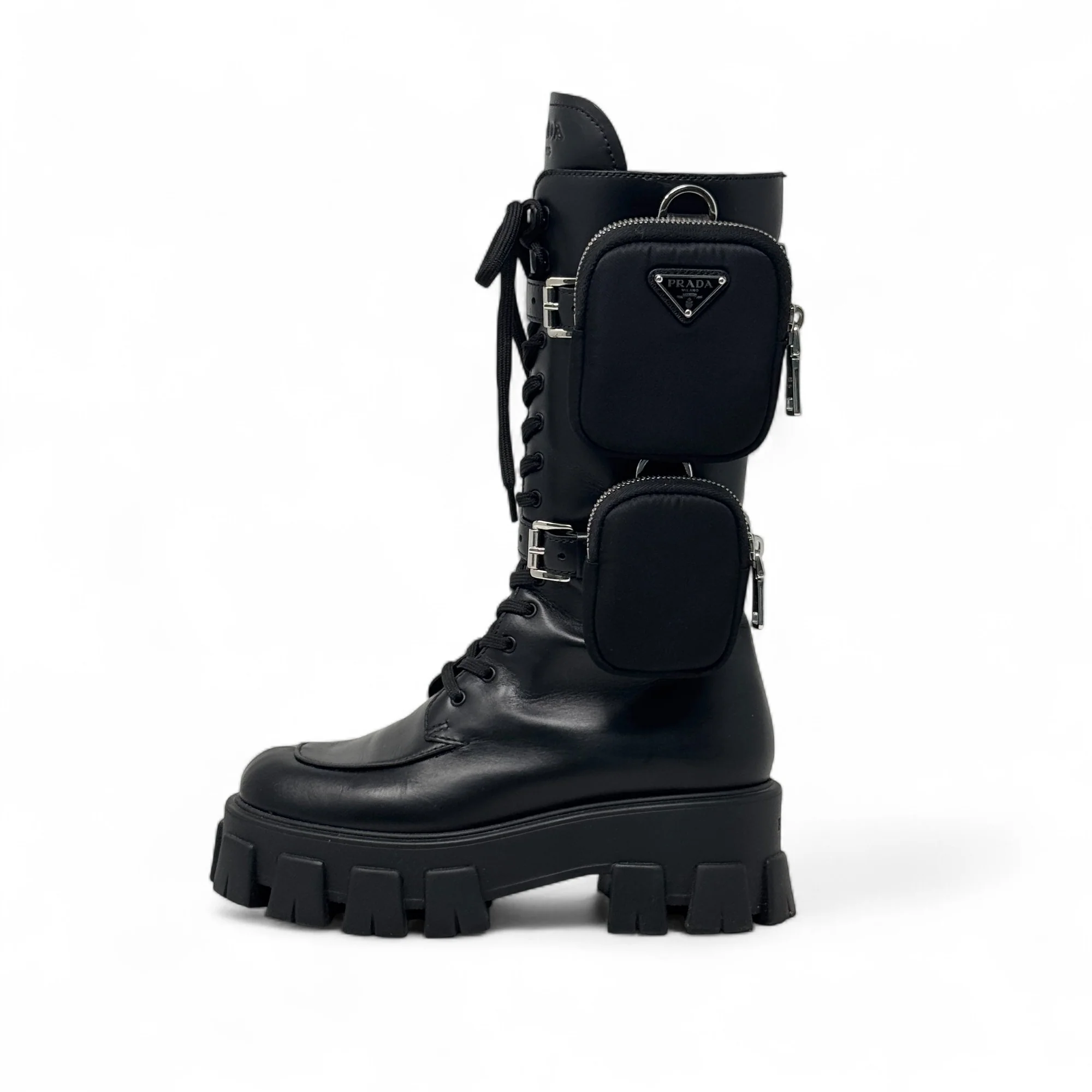 Prada Black Brushed Tall Monolith Combat Boots 37