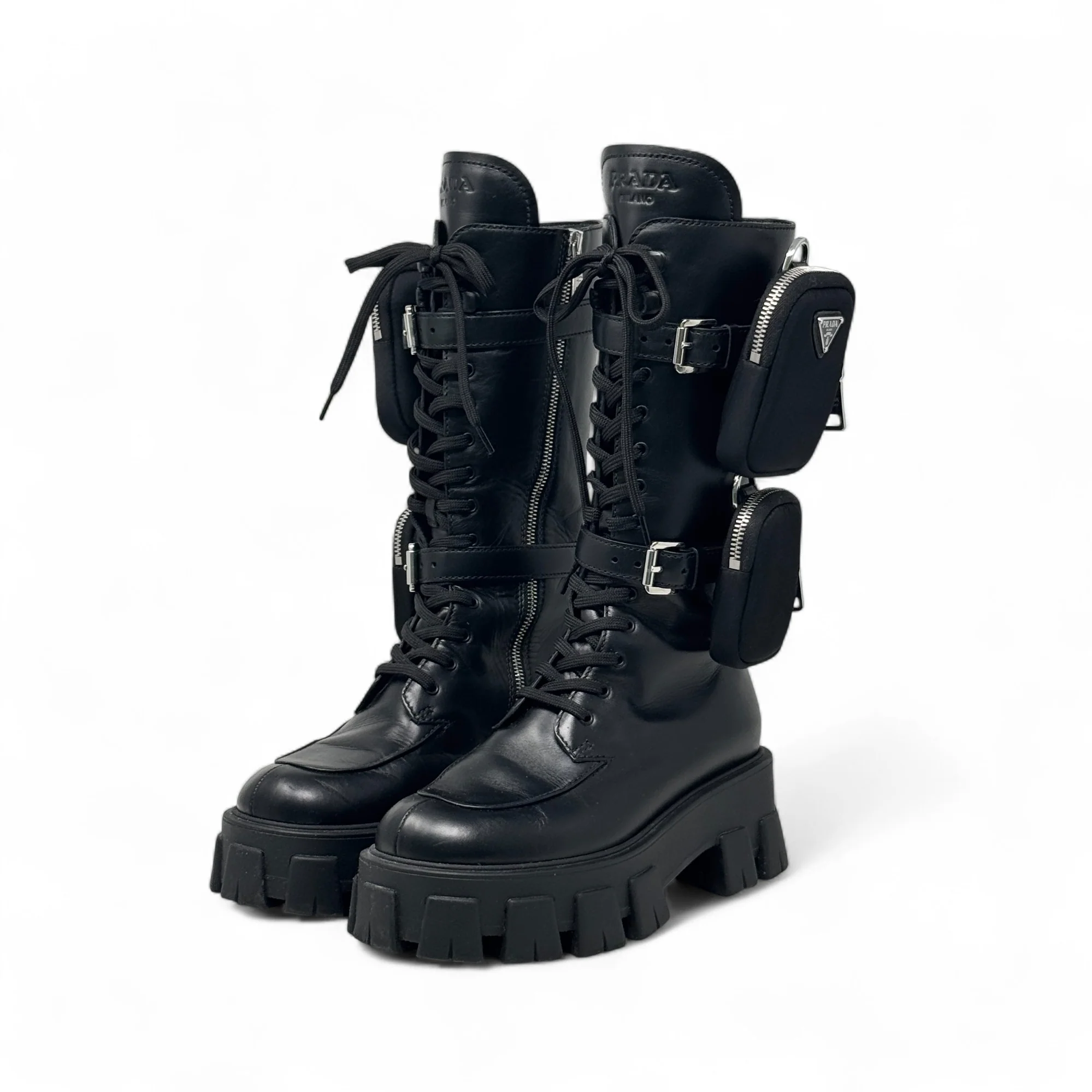 Prada Black Brushed Tall Monolith Combat Boots 37 - Image 2