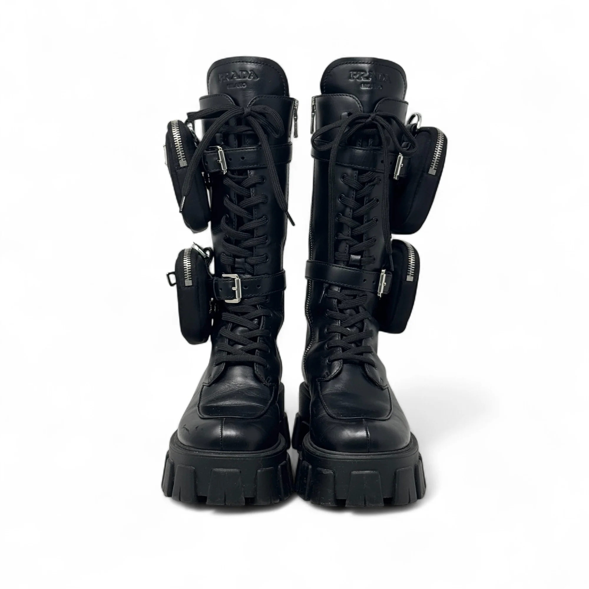 Prada Black Brushed Tall Monolith Combat Boots 37 - Image 3