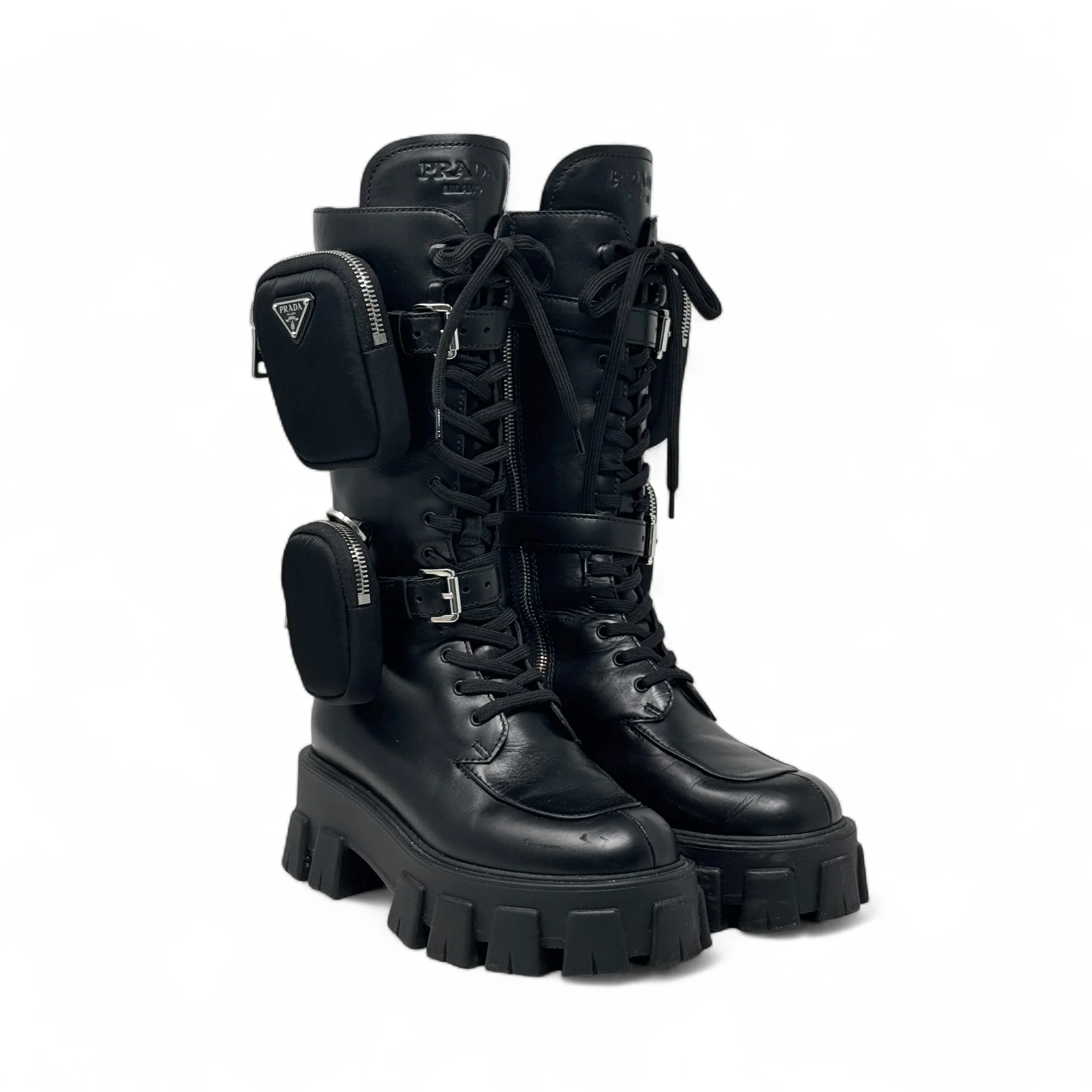 Prada Black Brushed Tall Monolith Combat Boots 37 - Image 4
