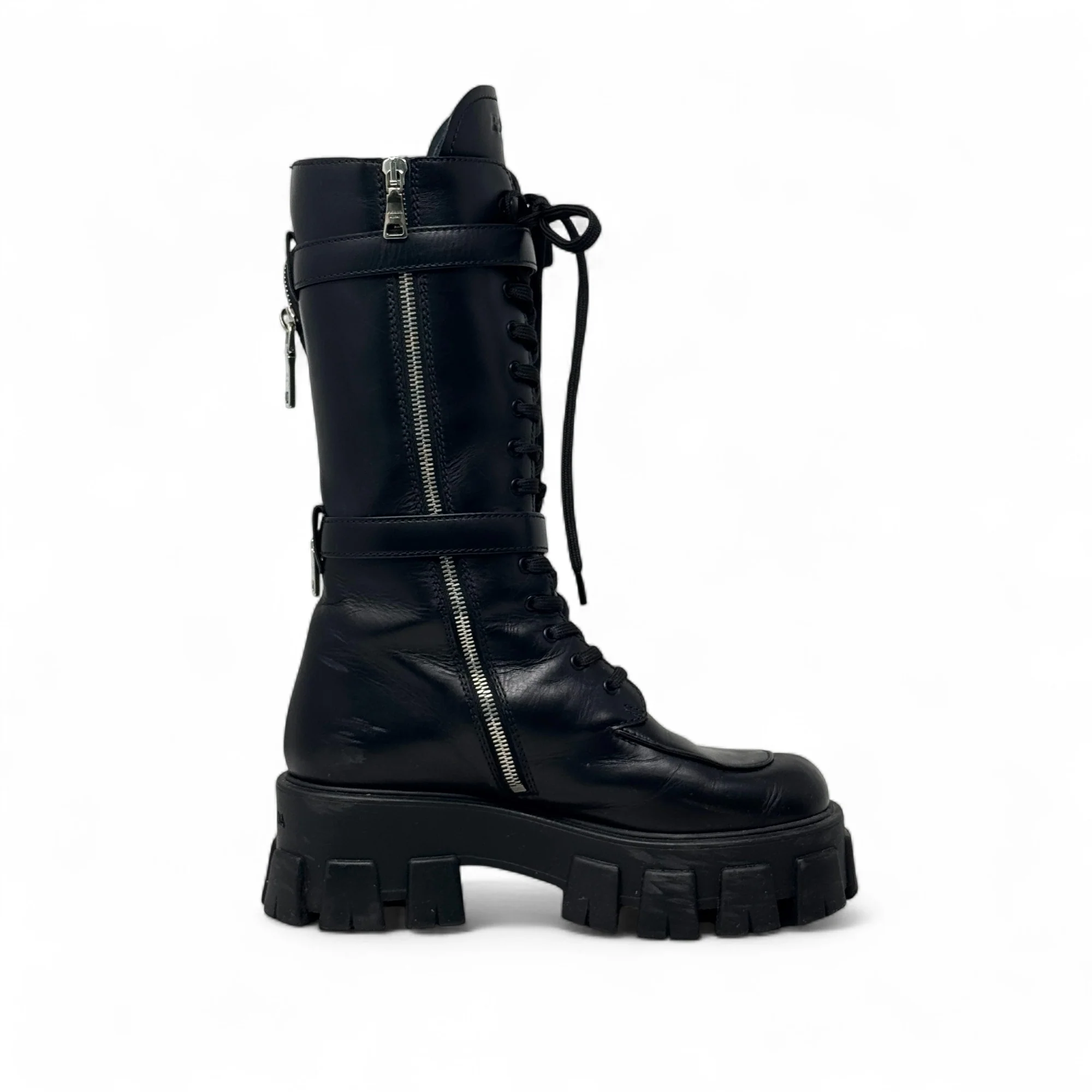 Prada Black Brushed Tall Monolith Combat Boots 37 - Image 6