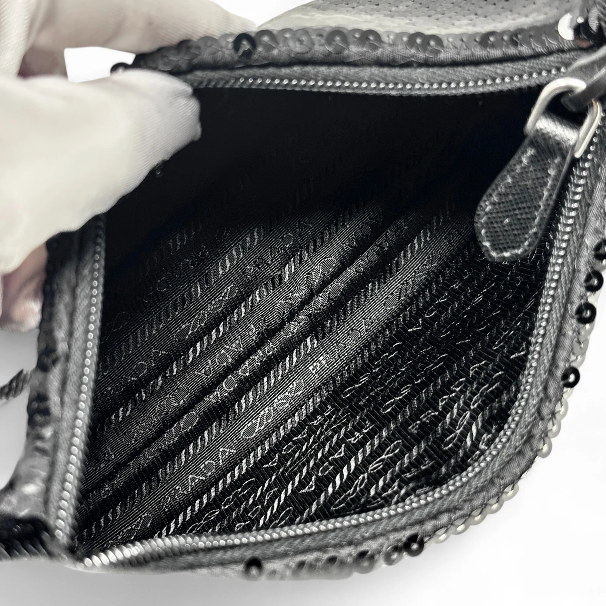 Prada Black Sequin Logo Re-Edition Mini Bag - Image 13