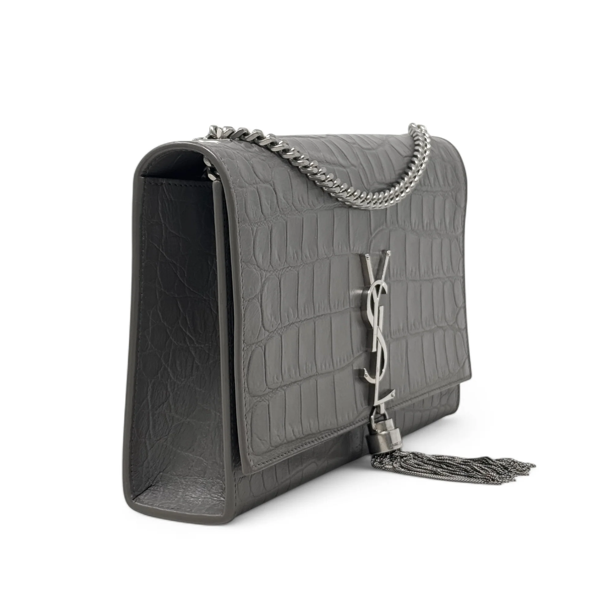 Saint Laurent Grey Croc Medium Kate Tassel Bag - Image 4